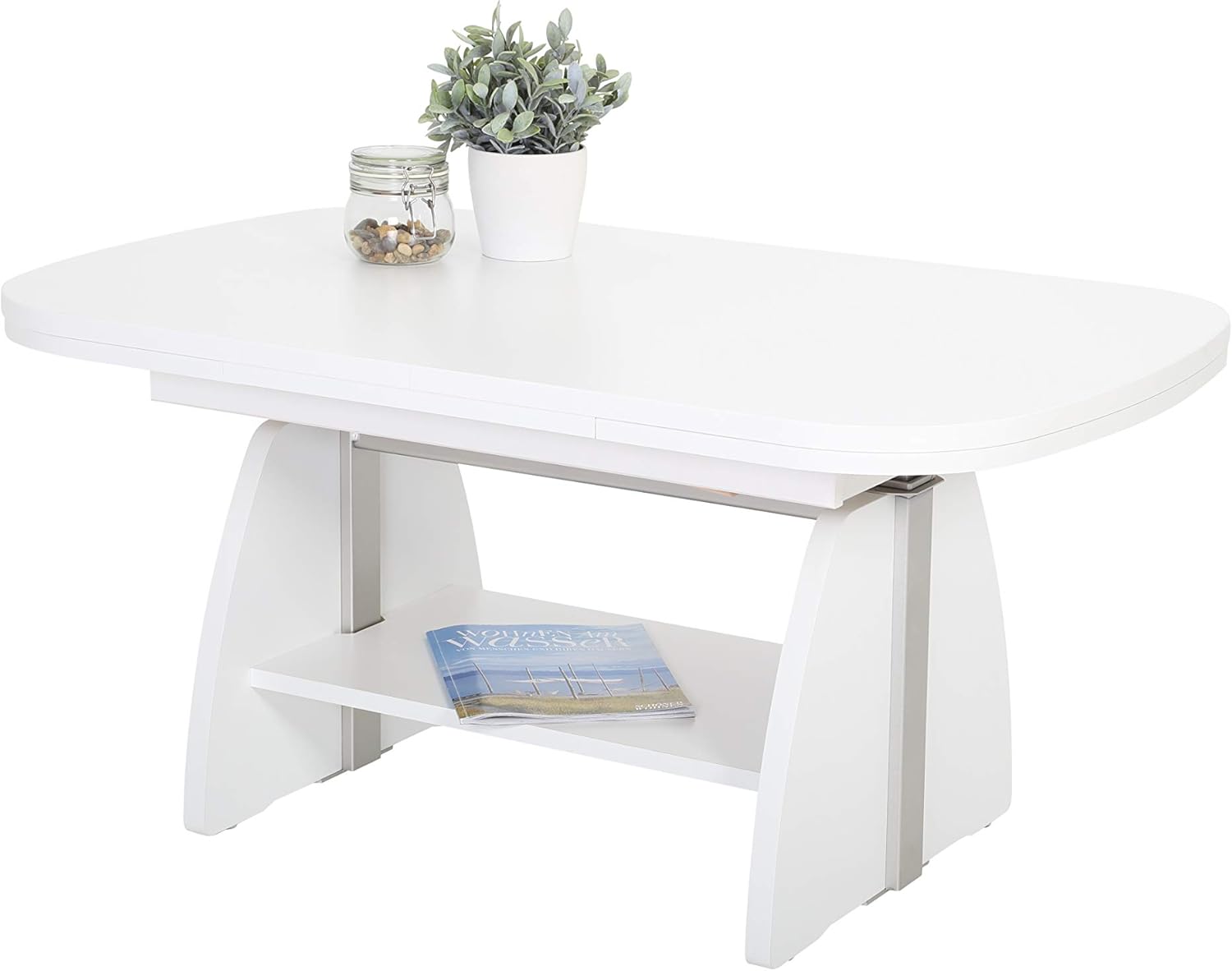 Hela Tische, Funktionscouchtisch Colin, Holzwerkstoff melaminbeschichtet, Dekor Weiß, Ablageboden, ausziehbar 107-156, höchenverstellbar mit Lift 53-69cm
