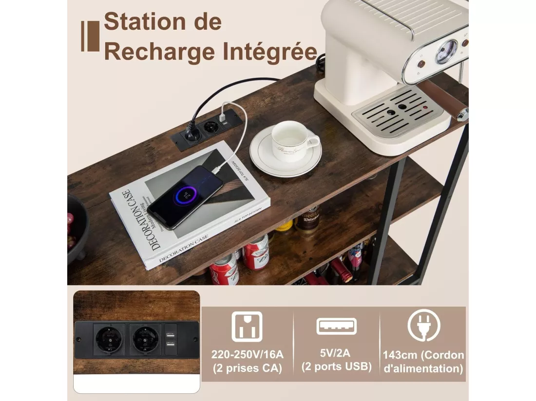 Étagère à vin 15 bouteilles, porte-verre, prises de courant, 2 ports usb (marron)