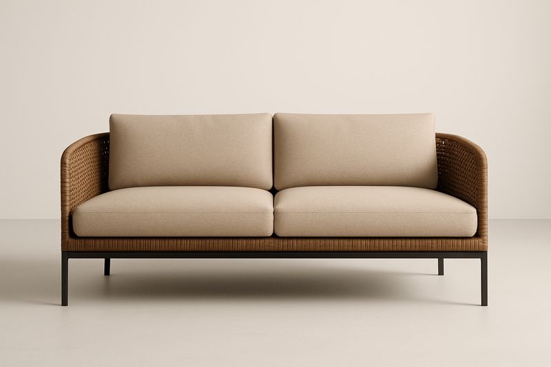 Zweisitzer Sofa Rattan Stahlrahmen Beige 140cm x 80cm x 70cm(LxBxH)