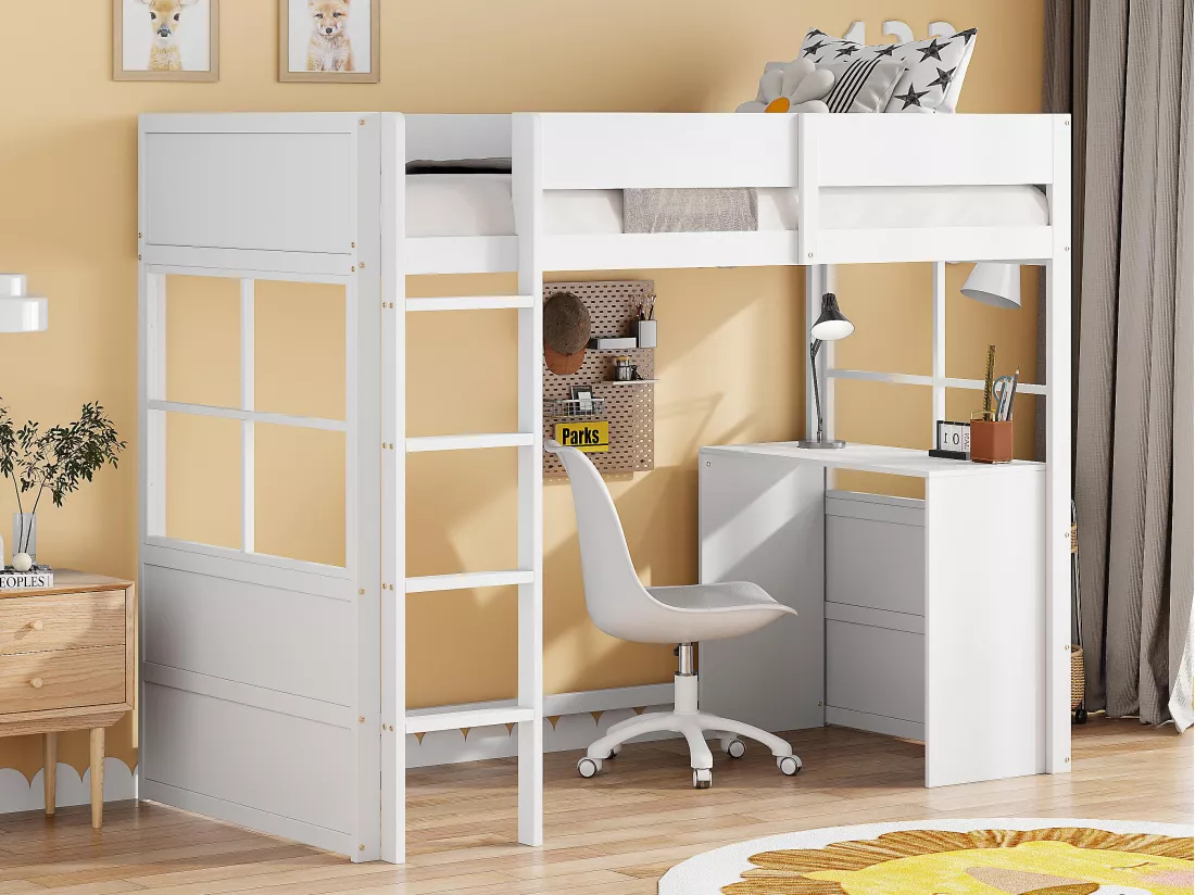 Lit mezzanine 90x200cm - avec bureau et barrières de sécurité - Blanc