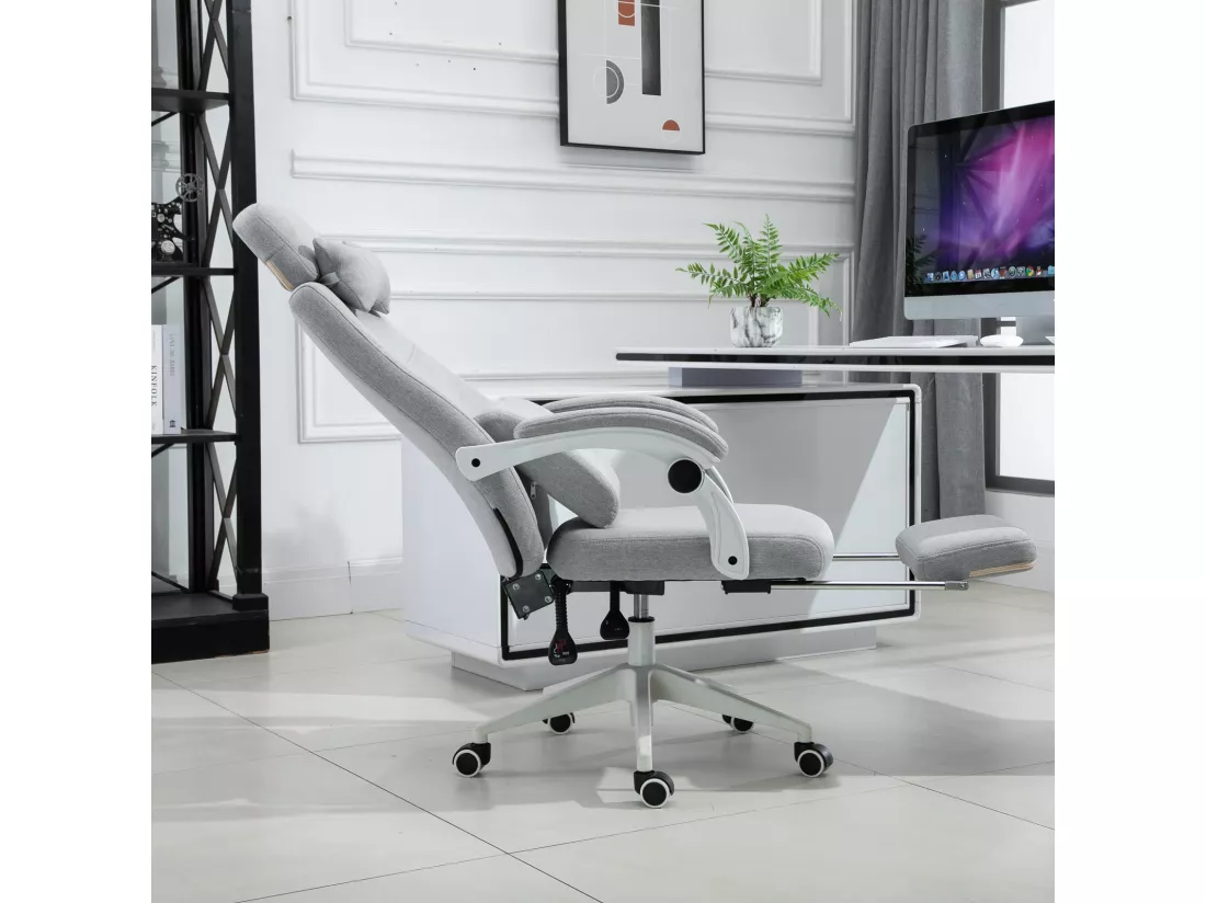 Fauteuil de bureau manager grand confort dossier réglable repose-pied coussin lombaire roulettes 360° lin 62L x 68P x 127H cm gris