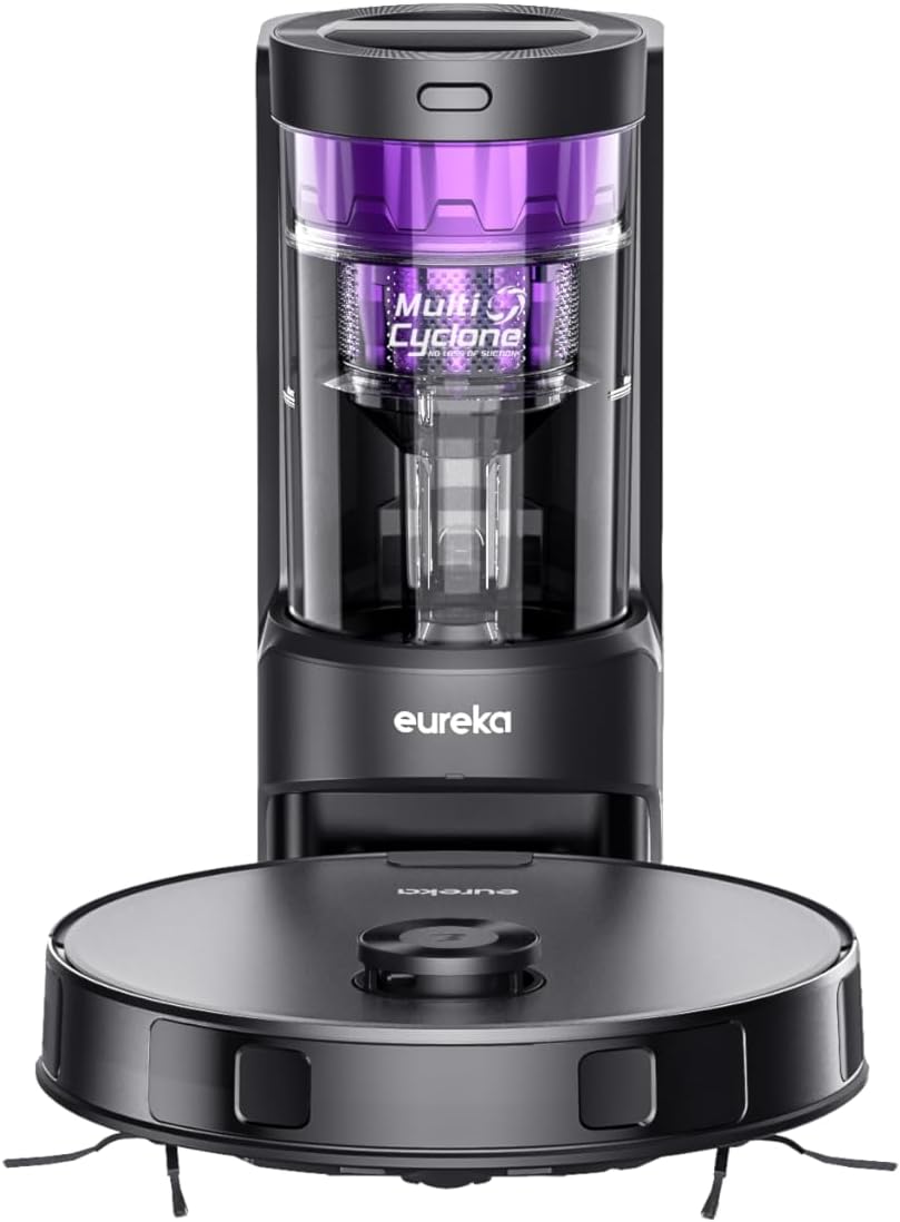EUREKA E10s 2.Gen Saug- & Wischroboter + beutelloser Multi-Zyklon-Absaugstation (4000Pa, auto Teppicherkennung, auto Mop Lifting, LiDAR-Navigation, ideal gegen Tierhaare, App-/Sprachsteuerung) schwarz