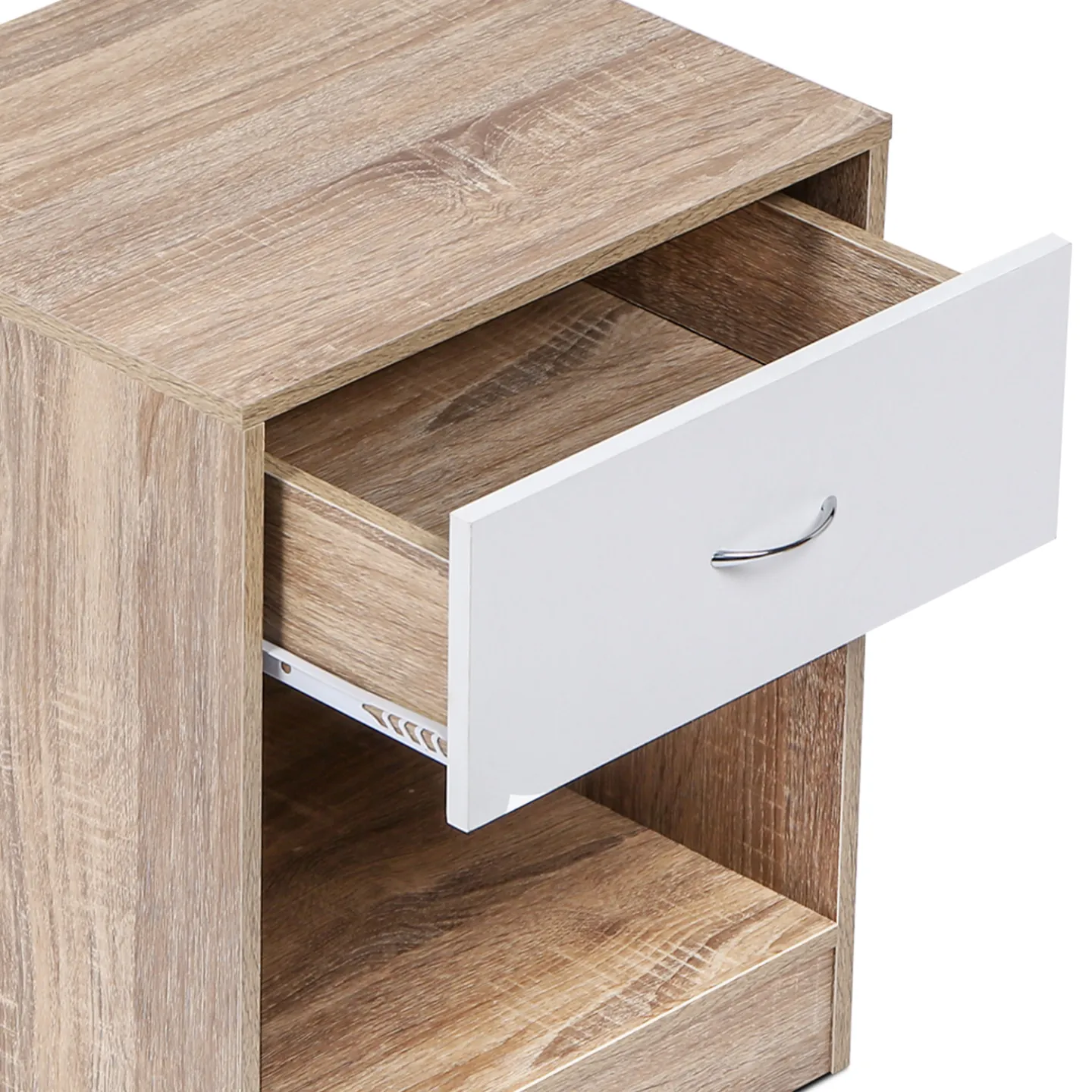 Lot de 2 tables de chevet OLGA 1 tiroir avec niche bois façon hêtre et tiroir blanc