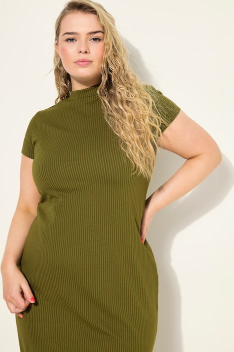 Jersey-Midikleid, Slim, Rippjersey, Stehkragen, Halbarm, OEKO-TEX
