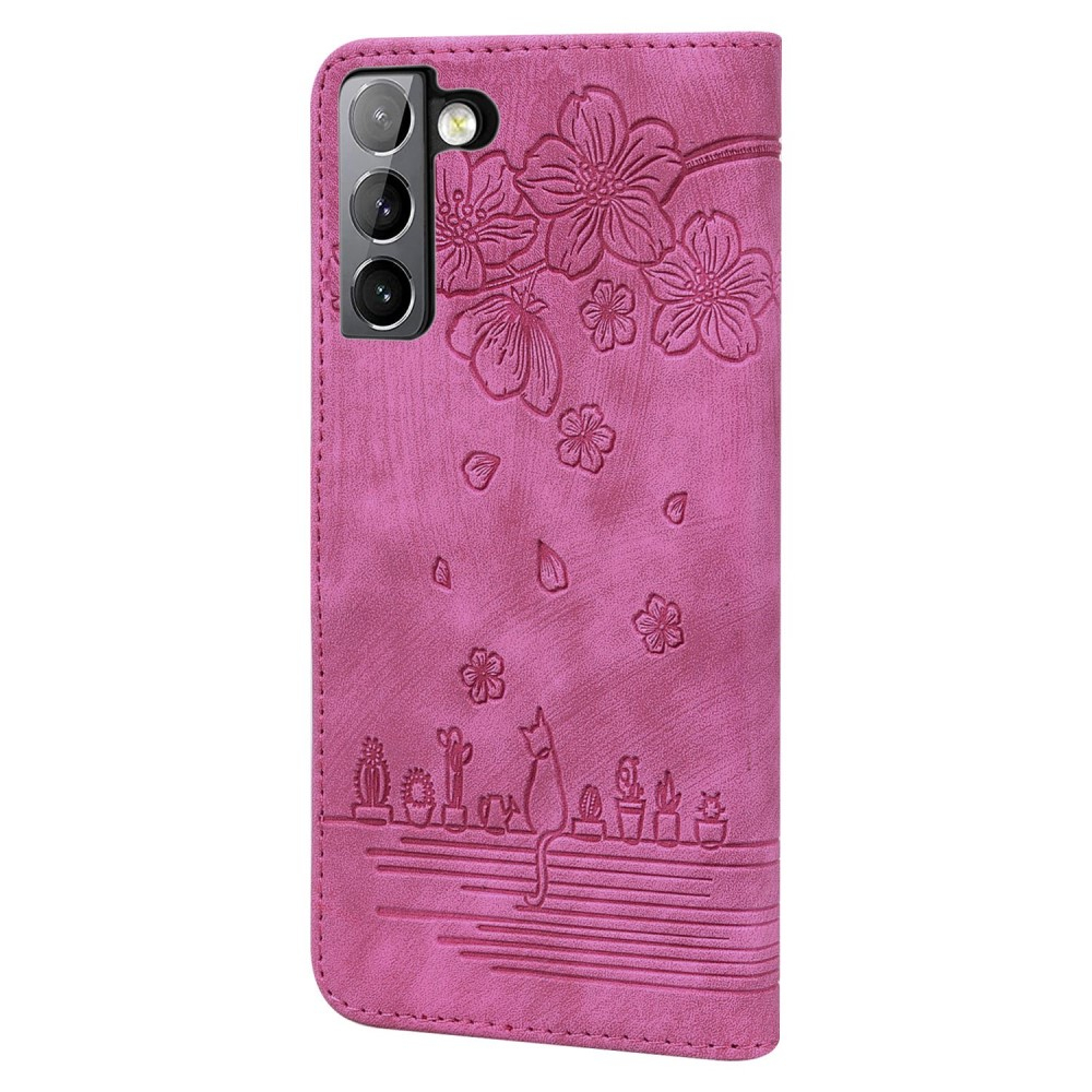 Samsung Galaxy S22 5G Leder Tasche Flip Cover Katze & Blumen Imprint - Pink