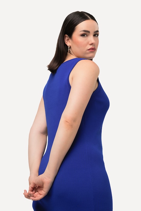 Strickkleid, Rippstrick, Slim, Midilänge, V-Ausschnitt, ärmellos