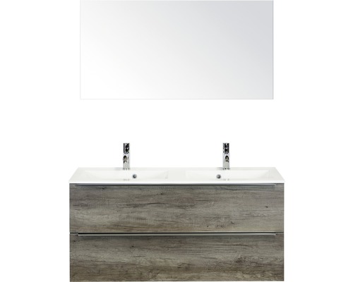 Sanox Pulse dubbel badkamermeubel (B x H x D) 120 x 170 x 50 cm, frontkleur Nebraska Oak, met witte gegoten mineraalwastafel en badmeubel, dubbele wastafel, spiegel, mat chromen greep, 84727024