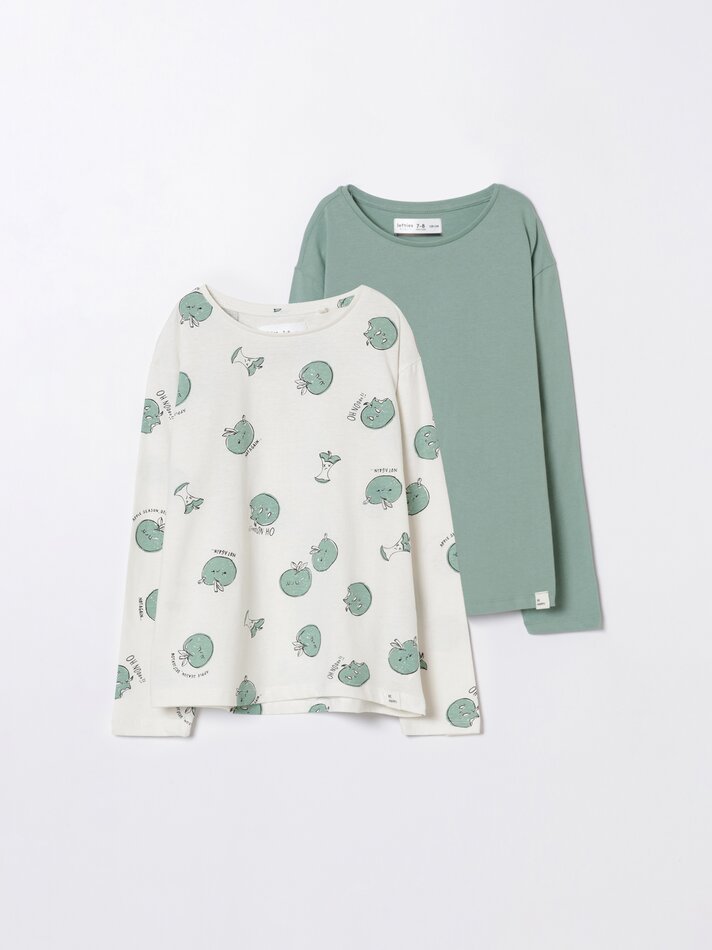 Conjunto com 2 camisetas de manga comprida lisas e estampadas - Off-White