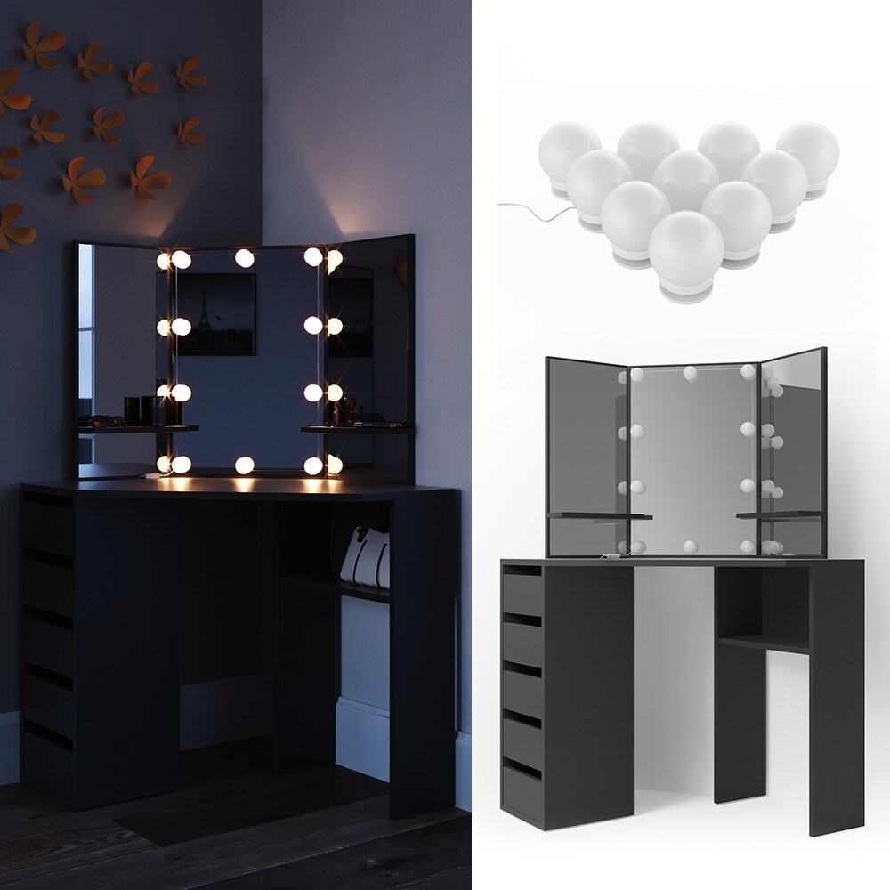 Vicco Schminktisch Arielle Frisiertisch Kommode Frisierkommode Spiegel Schwarz inklusive LED-Lichterkette