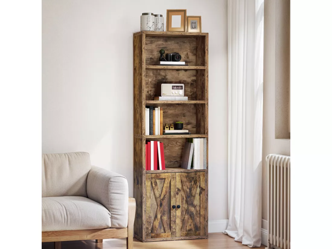 YITAHOME Bibliothèque à 4 Niveaux avec 2 Portes, Rangement Haut pour Chambre à Coucher, Salon, Bureau, Brun Rustique
