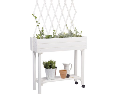 Verhoogd tuinbed op palen met trellis, mobiel, 79 x 28,5 x 130 cm, wit geglazuurd