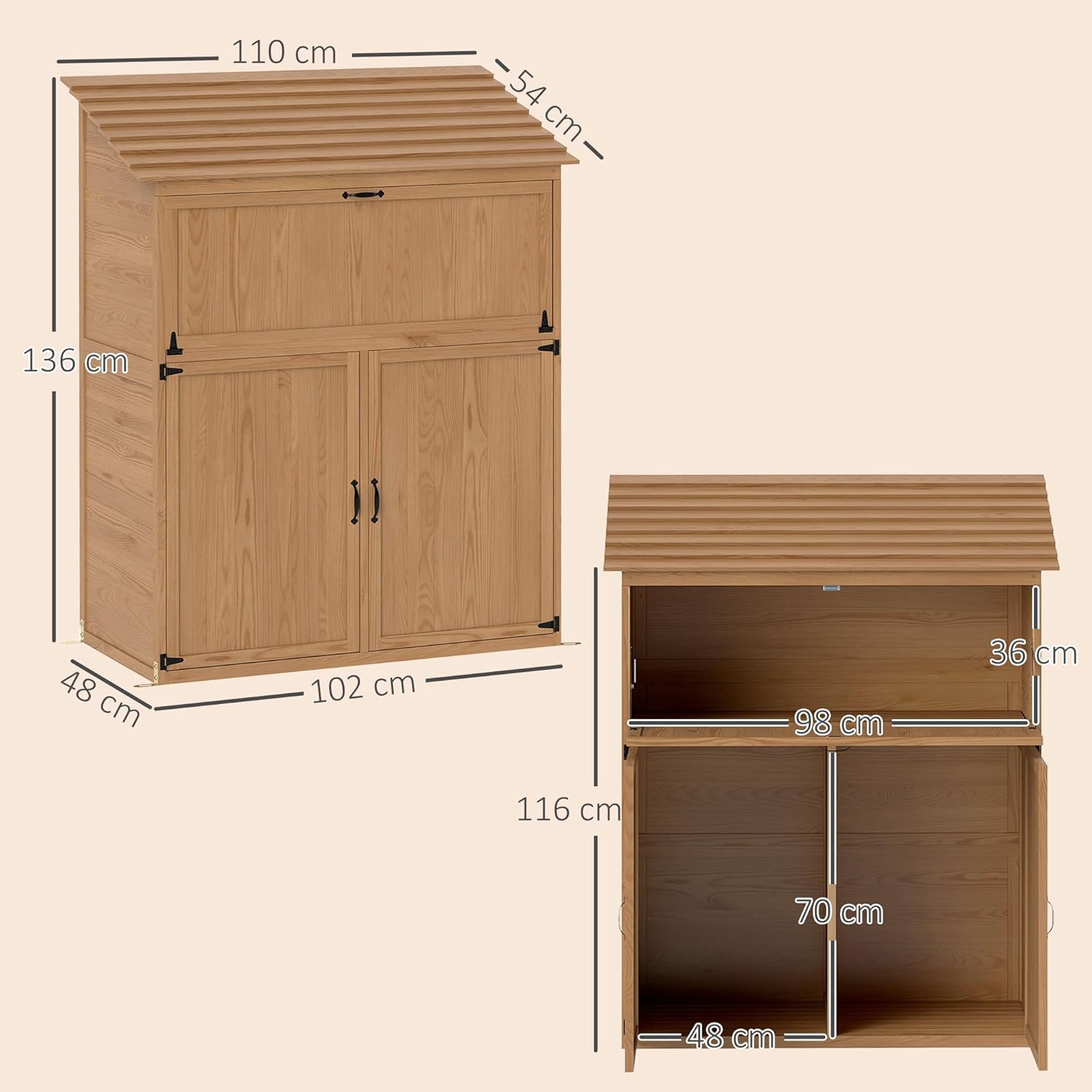 Outsunny Gartenschrank Holz Gerätehaus mit Stufen-Pultdach Ablage 110 x 54 x 136 cm Gartenschuppen mit klappbar Tisch Doppeltüren wetterfest Geräteschuppen Geräteschrank für Terrasse Garten Naturholz