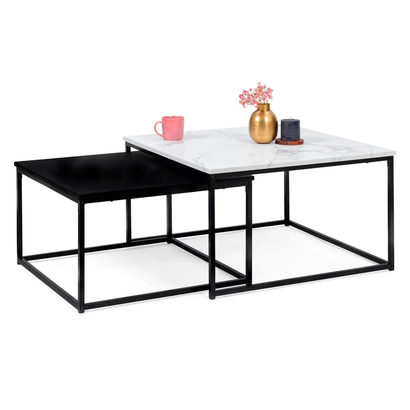 Lot de 2 tables basses gigognes ALASKA carrées 60/70 effet marbre et noir pieds métal