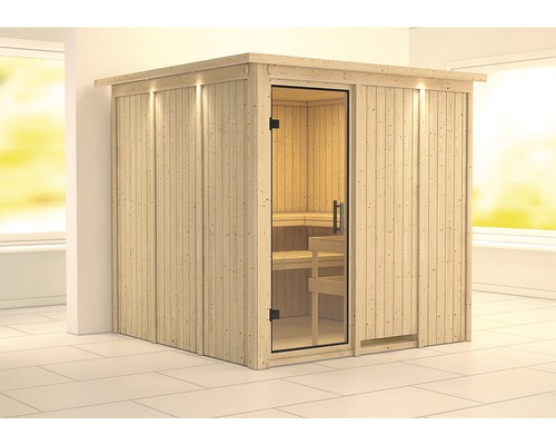 Karibu Rodina modulaire sauna zonder oven, met dakkroon en volledig glazen deur van helder glas
