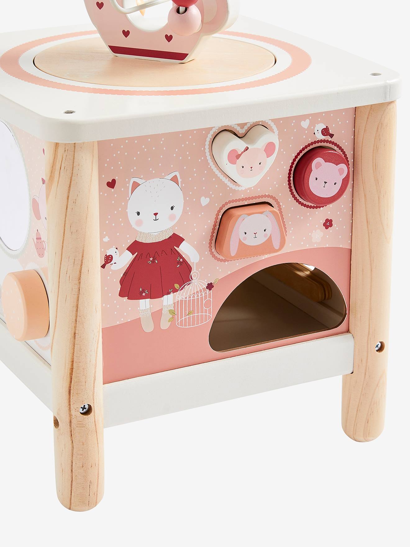 Cubo de atividades grande, estrutura em madeira com certificação FSC®, acabamento branco liso médio com detalhes decorativos.