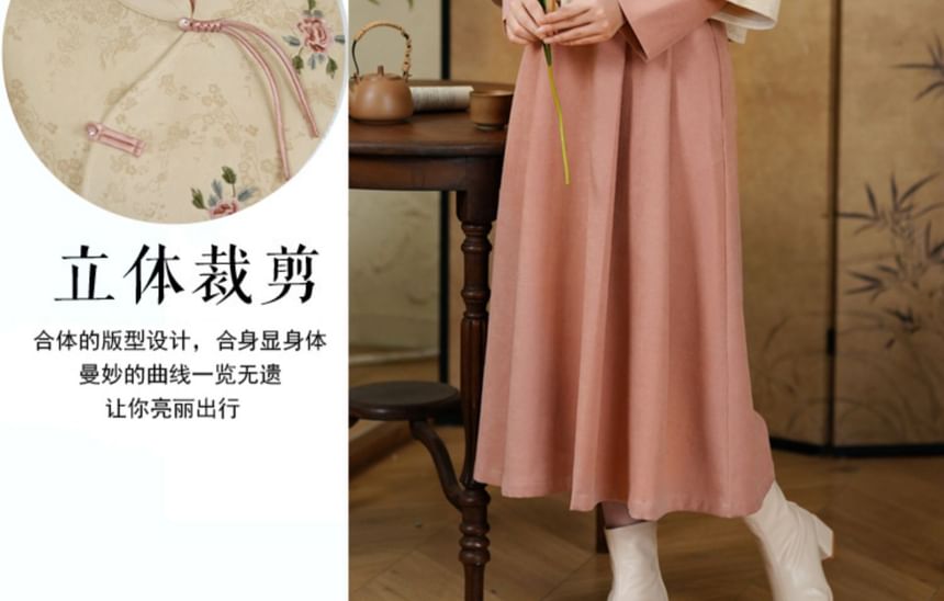 CosmoCorner - Traditionele Chinese top met lange mouwen, opstaande kraag, nep-tweedelig bloemenborduurwerk en kikkermotief, knoopsluiting / hoge taille, effen midi-A-lijn rok