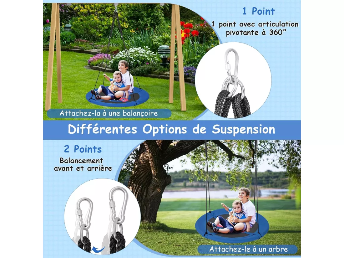 Balançoire Nid d'Oiseau Ø 102cm Enfants avec Motif Fusée, Balançoire Soucoupe en Tissu et velours Oxford Intérieur Extérieur avec Cordes Réglables (140-180cm), Charge 100kg pour Enfants de 3-12 Ans