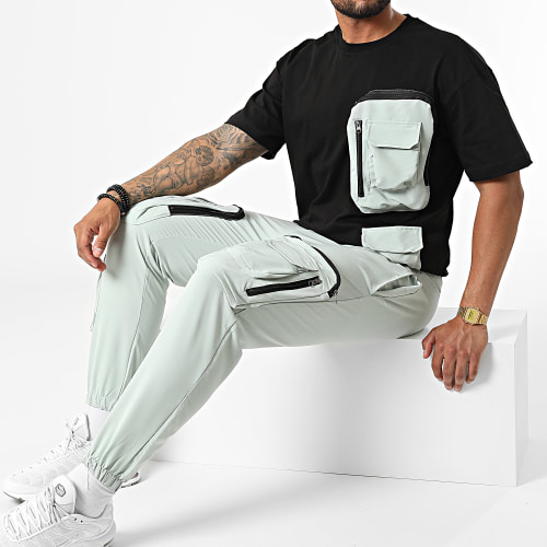 Ensemble Tee Shirt Poche Et Pantalon Jogging F22-908T Noir Turquoise