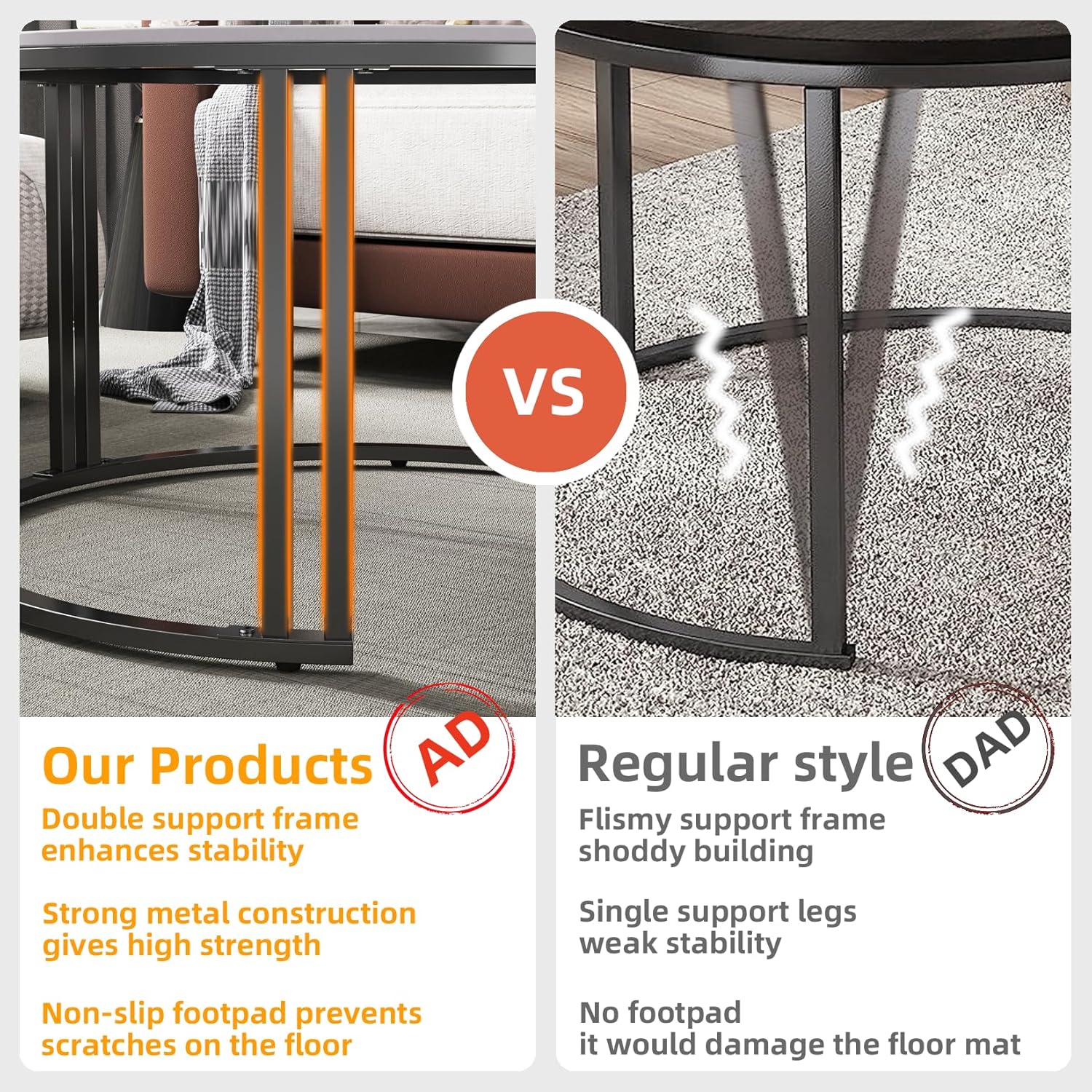 FATIVO Couchtisch Rund 2er Set Marmor Satztisch, Couchtischset Weiß Wohnzimmertisch mit schwarz Metallrahmen fürs Wohnzimmer, Beistelltisch für Schlafzimmer Balkon - Klein 35×57×57cm / Groß 41×70×70cm
