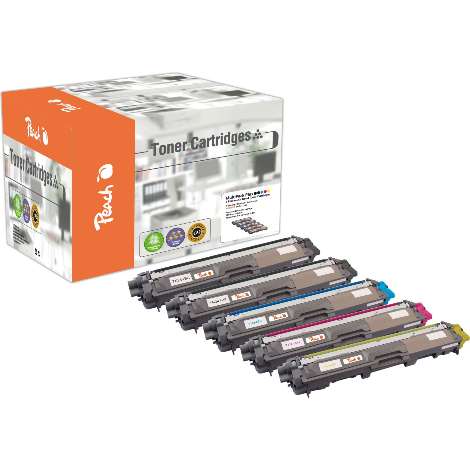 Peach B241 bk 5 Toner XL (2*bk, c/m/y) ersetzt Brother TN-241bk, TN-245 für z.B. Brother DCP -9020 CDW, Brother HL -3140 CW (wiederaufbereitet)