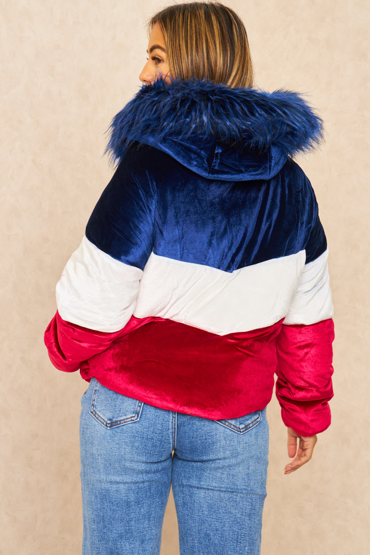 Doudoune tricolore en velours bleu