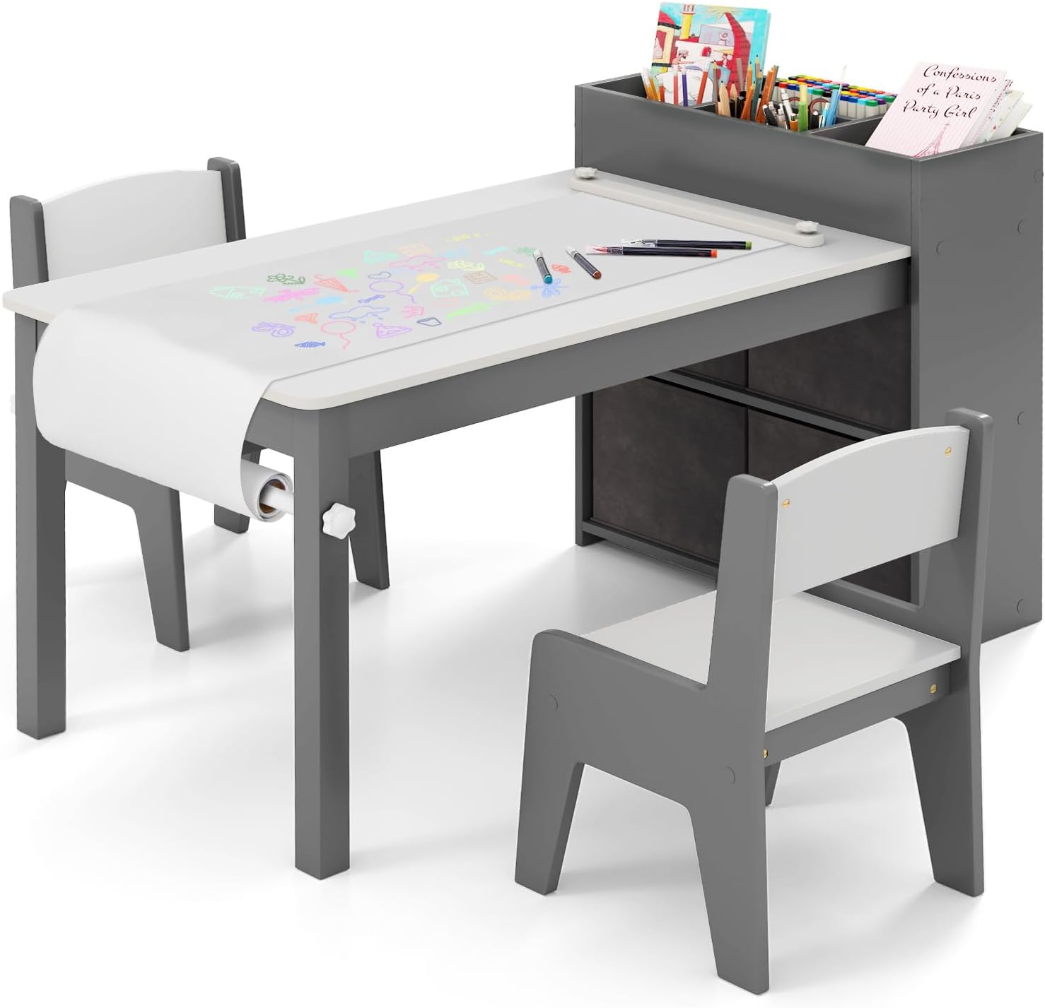 COSTWAY Kindertisch mit 2 Stühlen, 2 in 1 Kindersitzgruppe aus Holz mit Stauraum, Kinder Tisch Stuhl Set mit Papierrollenhalter & 4 Stoffbehältern, Maltisch für Kinder ab 3 Jahren (Grau)