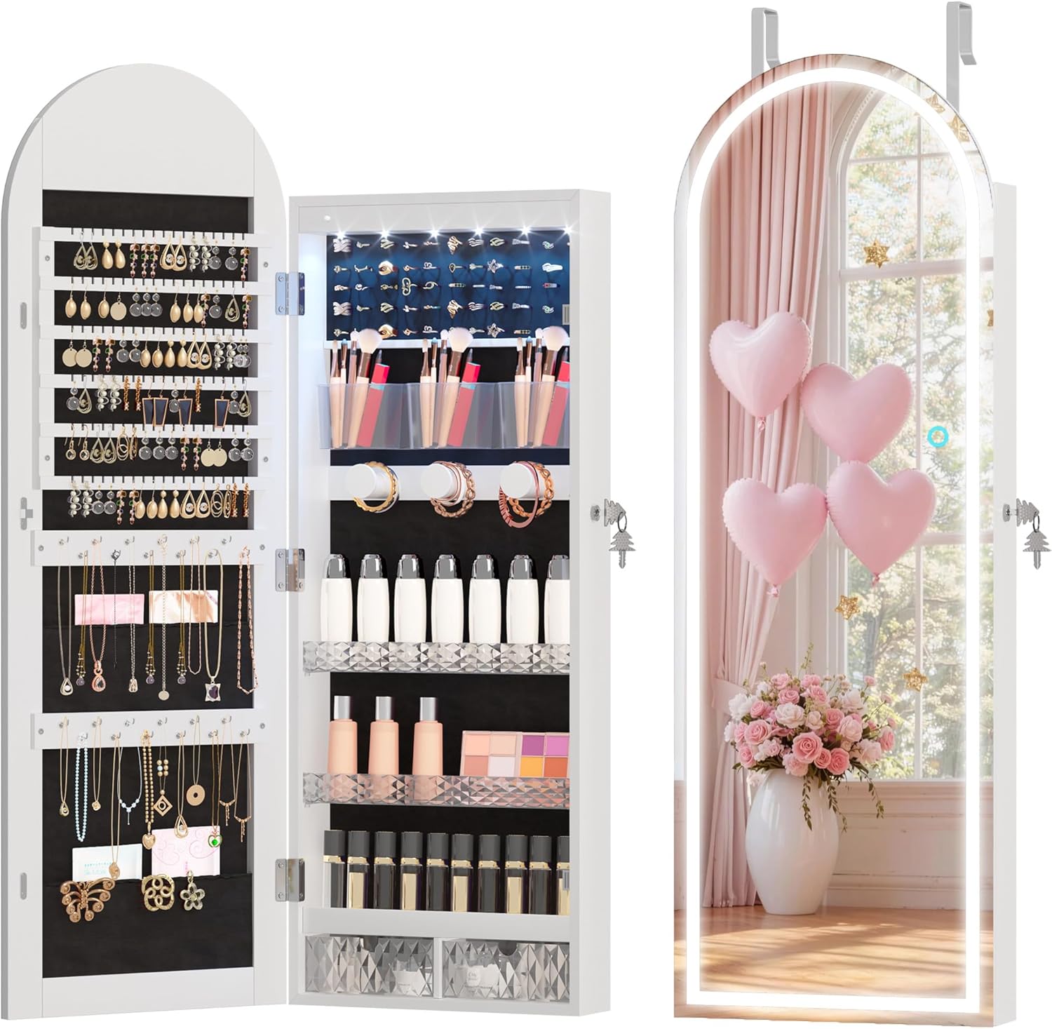 LVSOMT LED Gewölbter Schmuckschrank Hängend, Schmuckschrank mit Spiegel und Licht, Wand/Tür Hängend Schmuck Schrank Abschließbarer, Bogen Spiegel mit 3 Farben Licht, Höhenverstellbarer Haken, Weiß