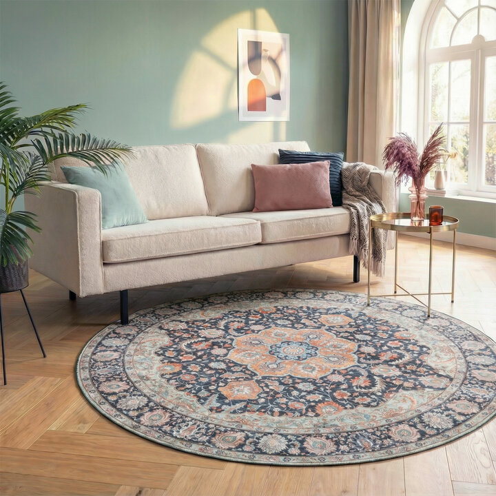 Rond vintage vloerkleed - Imagine Medaillon Blauw | Rijk