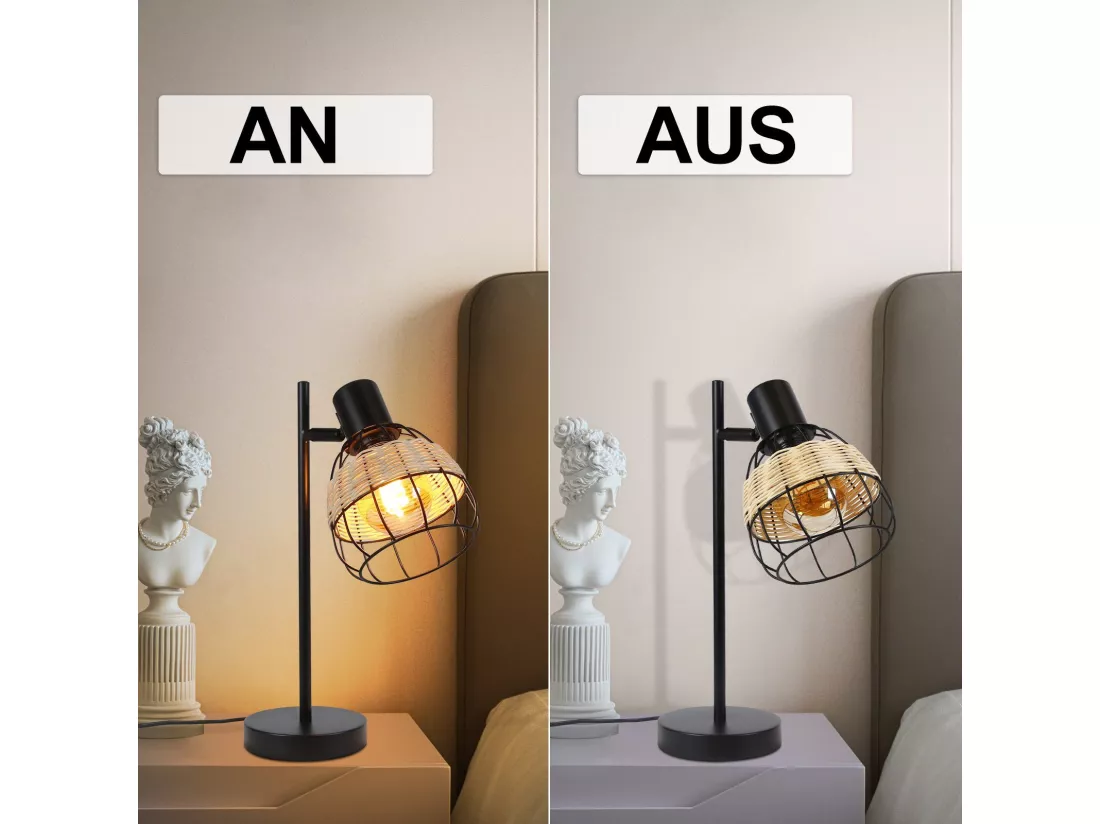 NETTLIFE Lampe de table Vintage Salon Noir - E27Bambou Pivotant Abat-jour avec interrupteur Max.40W - Sans ampoule