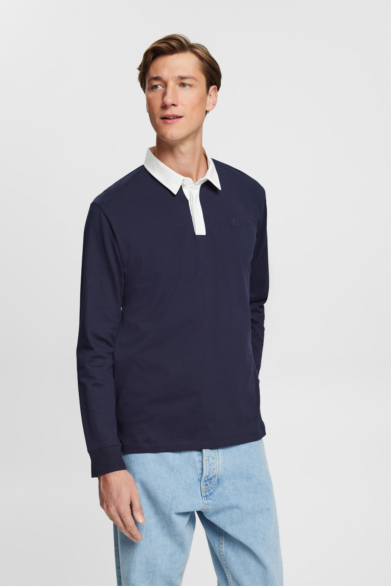Camisa polo de algodão de manga comprida - Azul marinho