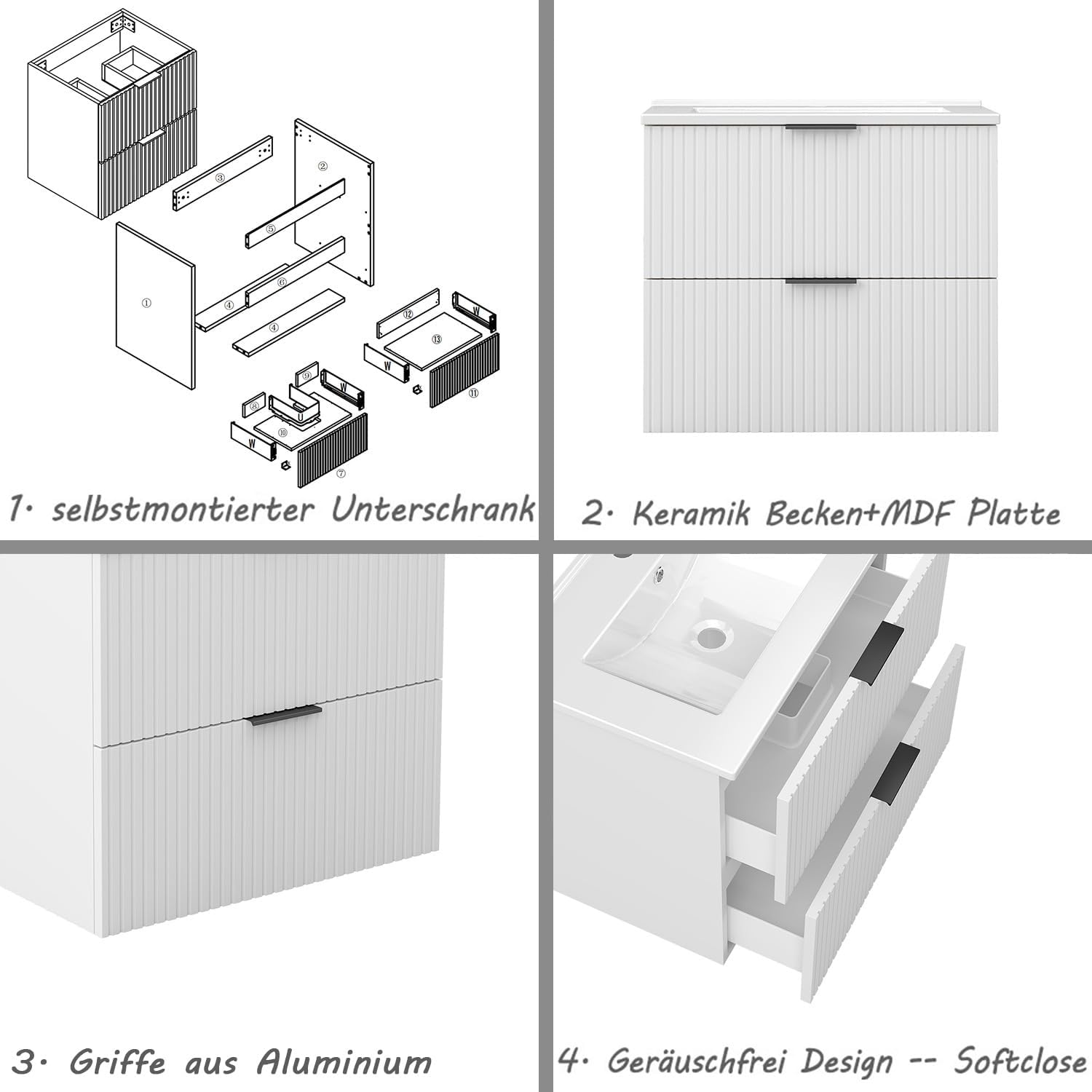 Aica Sanitär Waschtisch mit Unterschrank 60cm Riva Badmöbel Set Weiß Keramik Waschbecken mit Unterschrank MDF Softclose
