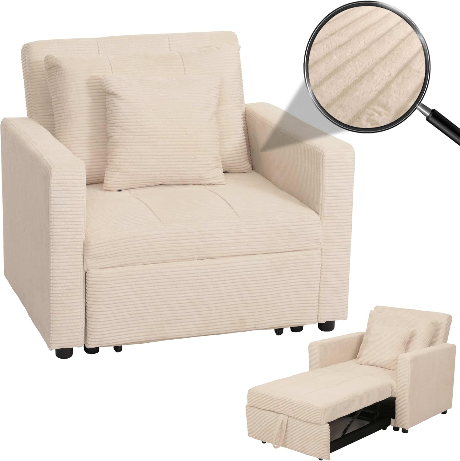 Mendler Schlafsessel HWC-L90, Klappsessel Gästebett Relaxsessel, Liegefläche 200x100cm Stoff/Textil Cord - Creme-weiß