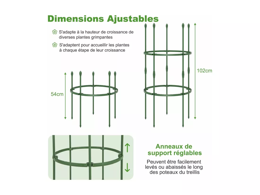 Lot de 3 Treillis Obélisque de Jardin pour Plantes, Support pour Plantes Grimpantes en Métal Réglable avec Clips Attaches, Cage et Supports 2 en 1 pour Vigne Fleurs Légumes(50 x 102 cm)