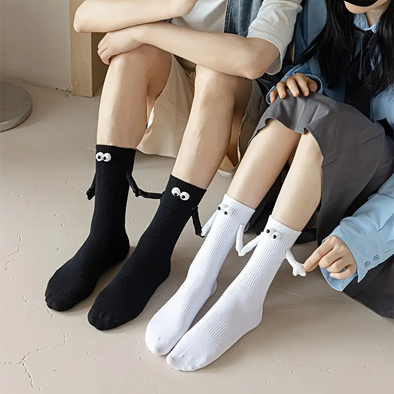 (1 Paar) Unisex Socken Fashion Strümpfe Couple Socks Füsslinge mit Augen / Magnetischen Händen (One Size) - Weiss