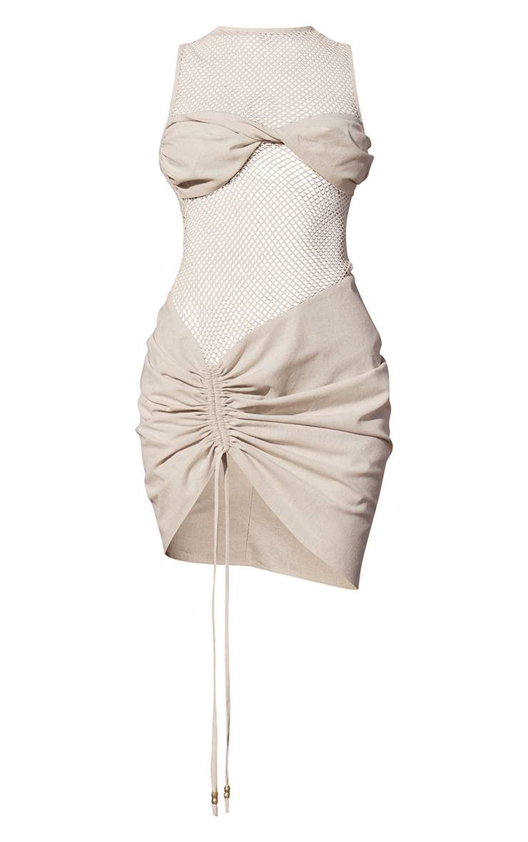 Blanc Cassé Robe Moulante Froncée À Empiècements Transparents Plt Label
