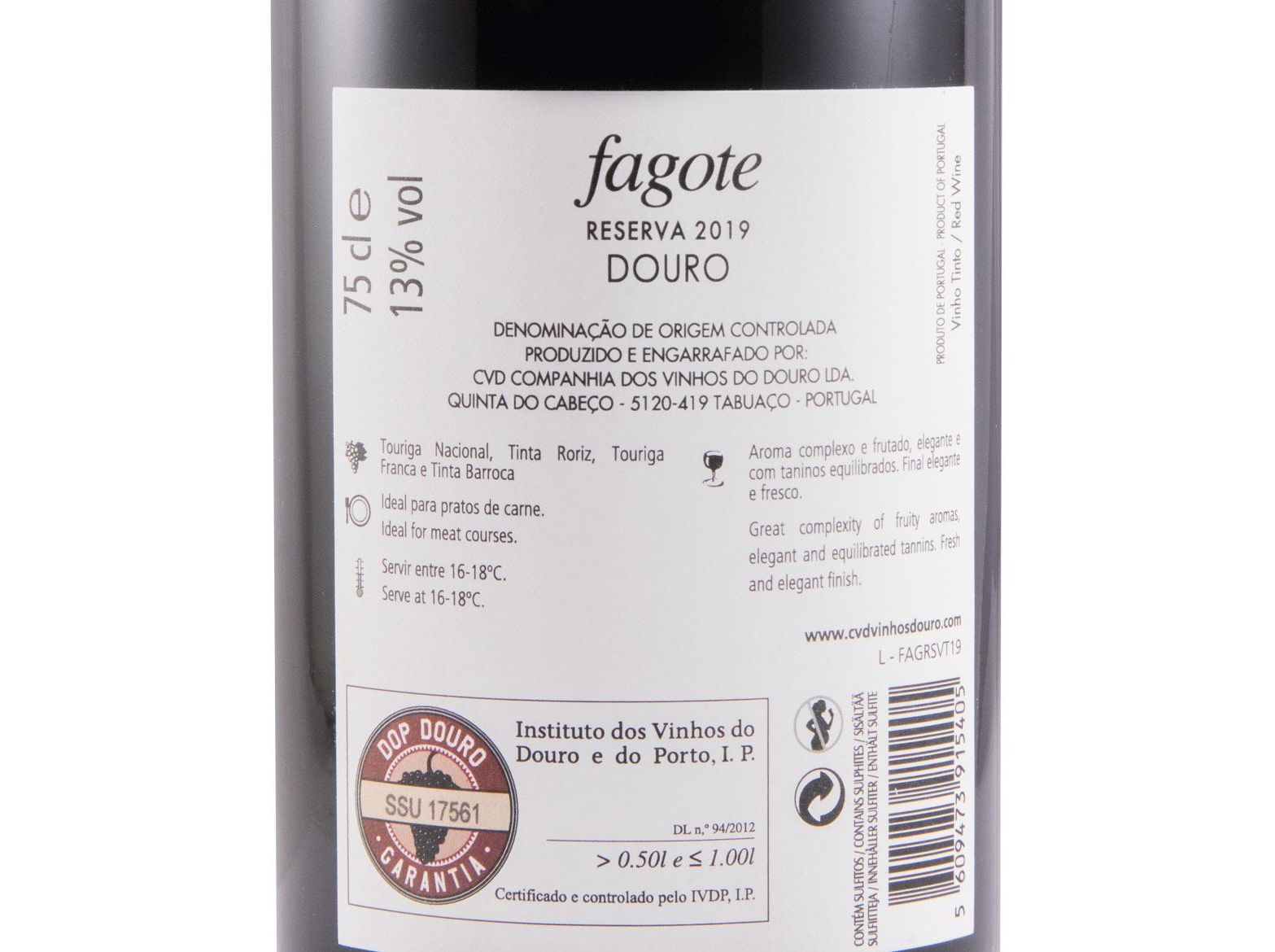 VINHO TINTO FAGOTE RESERVA DOURO 0.75L