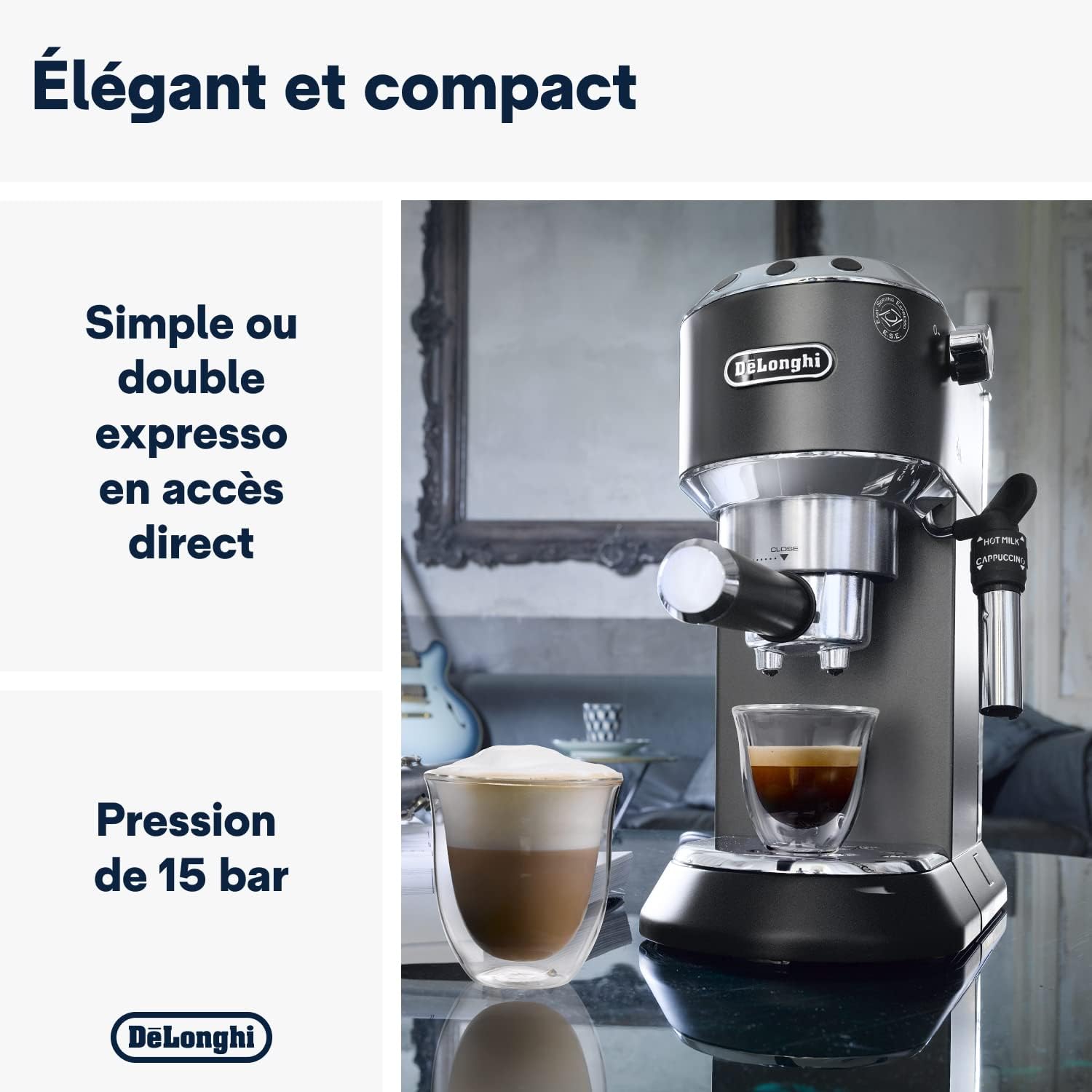 De'Longhi Dedica Style EC685.W, Machine à Café à Pompe en Acier Inoxydable Pour Café Moulu ou Dosettes, Machine à Espresso et Cappuccino, Réservoir de 1,3L, Système Anti-goutte, Blanc