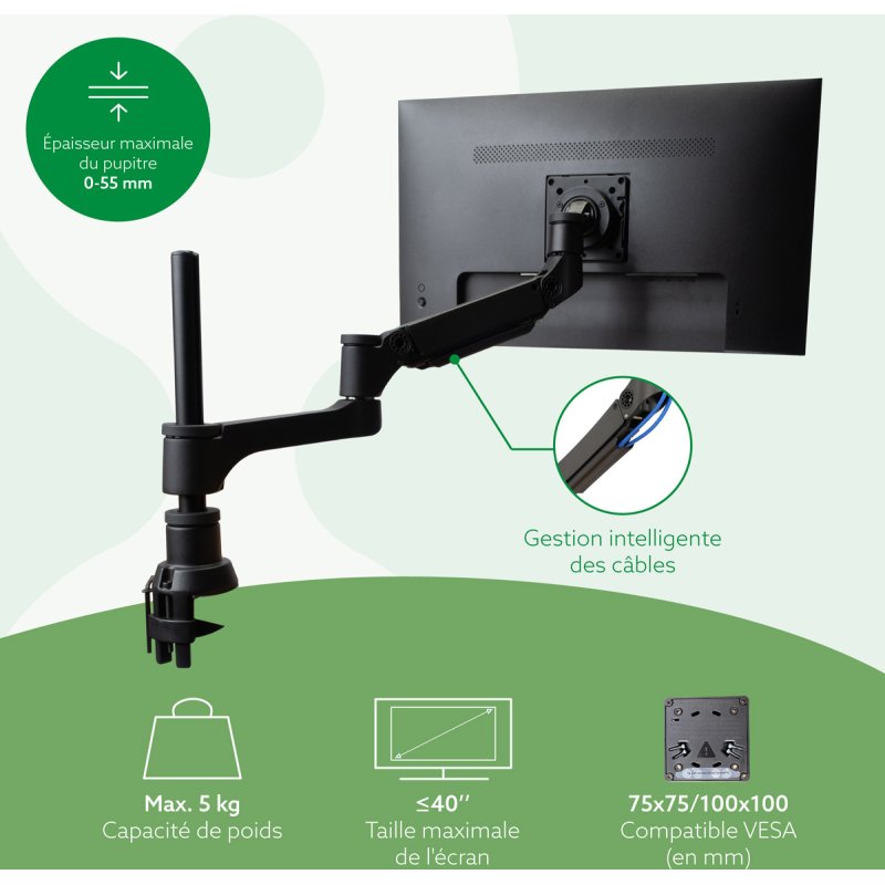 R-Go Tools Bras d'écran R-Go Caparo, bras d'écran réglable avec vérin à gaz, 100% circulaire, capacité de charge de 3 à 9 kg, noir
