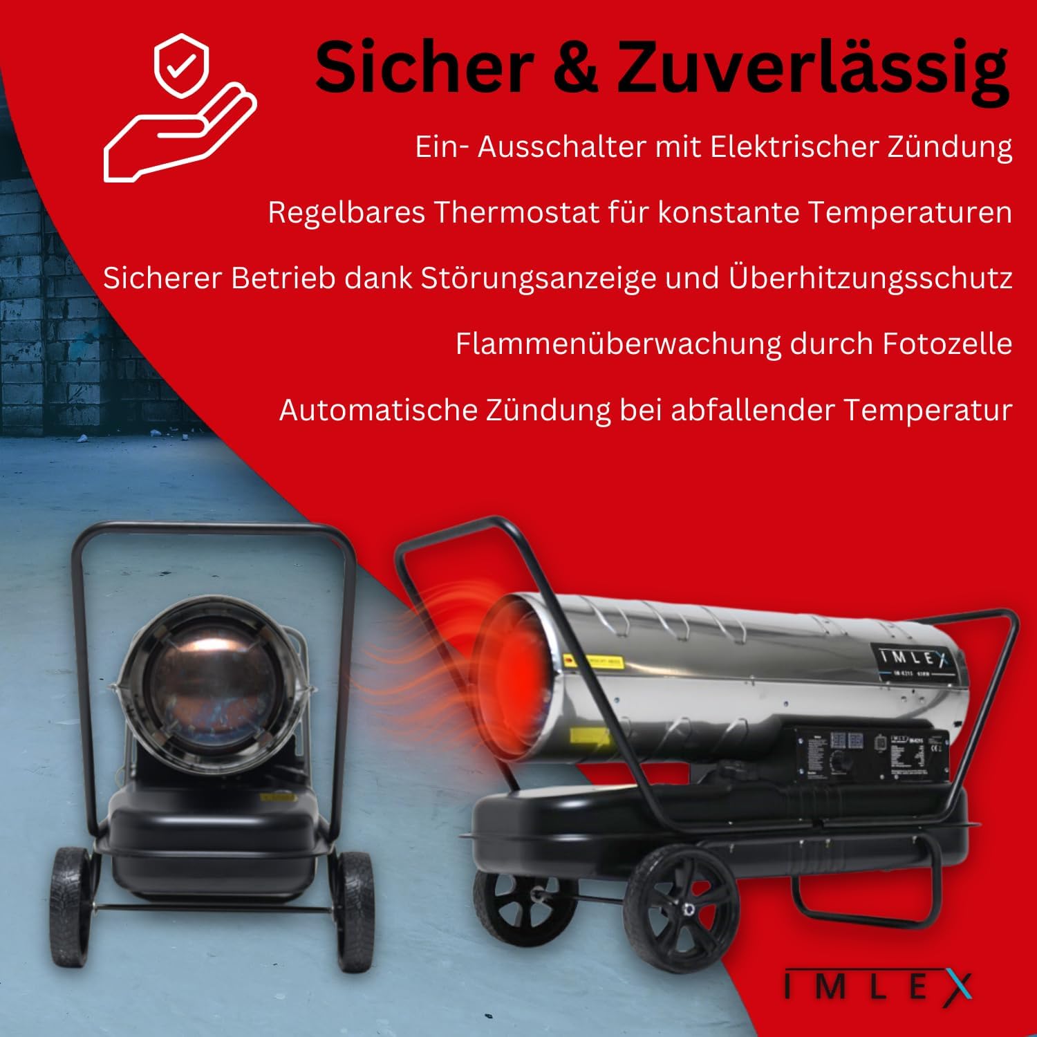 IMLEX Heizkanone 63 kW Diesel Ölheizer Bautrockner Bauheizer Heißluftgenerator Heizgebläse mit Thermostat 56L Tank Luftstrom 1200 m³/h Heizstrahler für Räume bis 610 m²