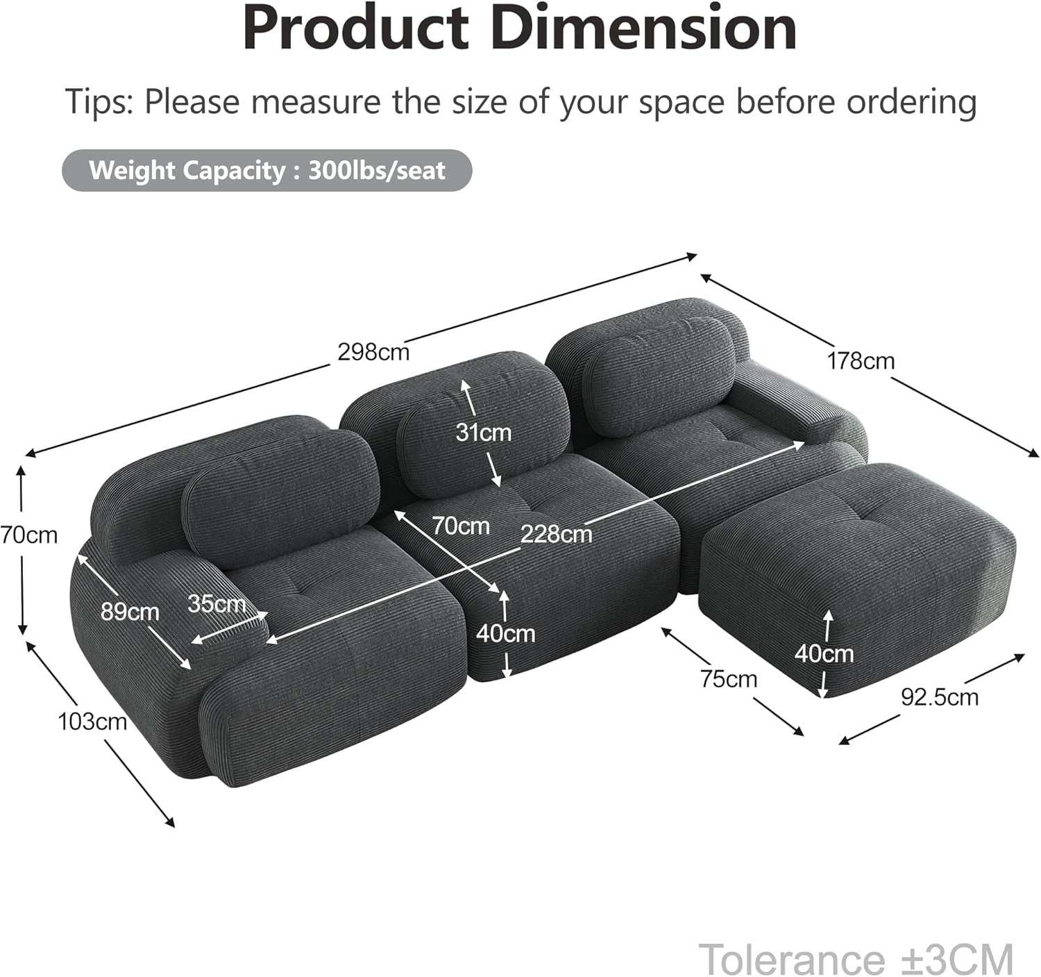Bladez Modernes 3-Sitzer Cord Sofa Modulares L-förmiges Ecksofa mit Ottoman Hocker, Ohne Montage, Cloud Polstersofa Couchs kombinierbar, für Wohnzimmer (Grau, 3-Sitzer+1)