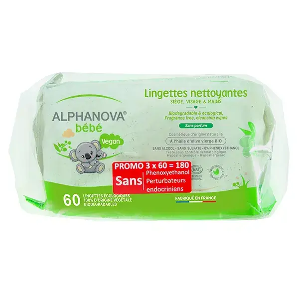 Lenços umedecidos veganos para bebês Alphanova, pacote com 3 unidades de 60 lenços cada.