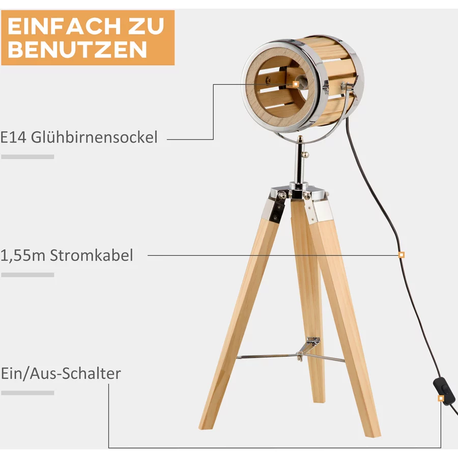 HOMCOM Tischlampe mit E14 Sockel natur