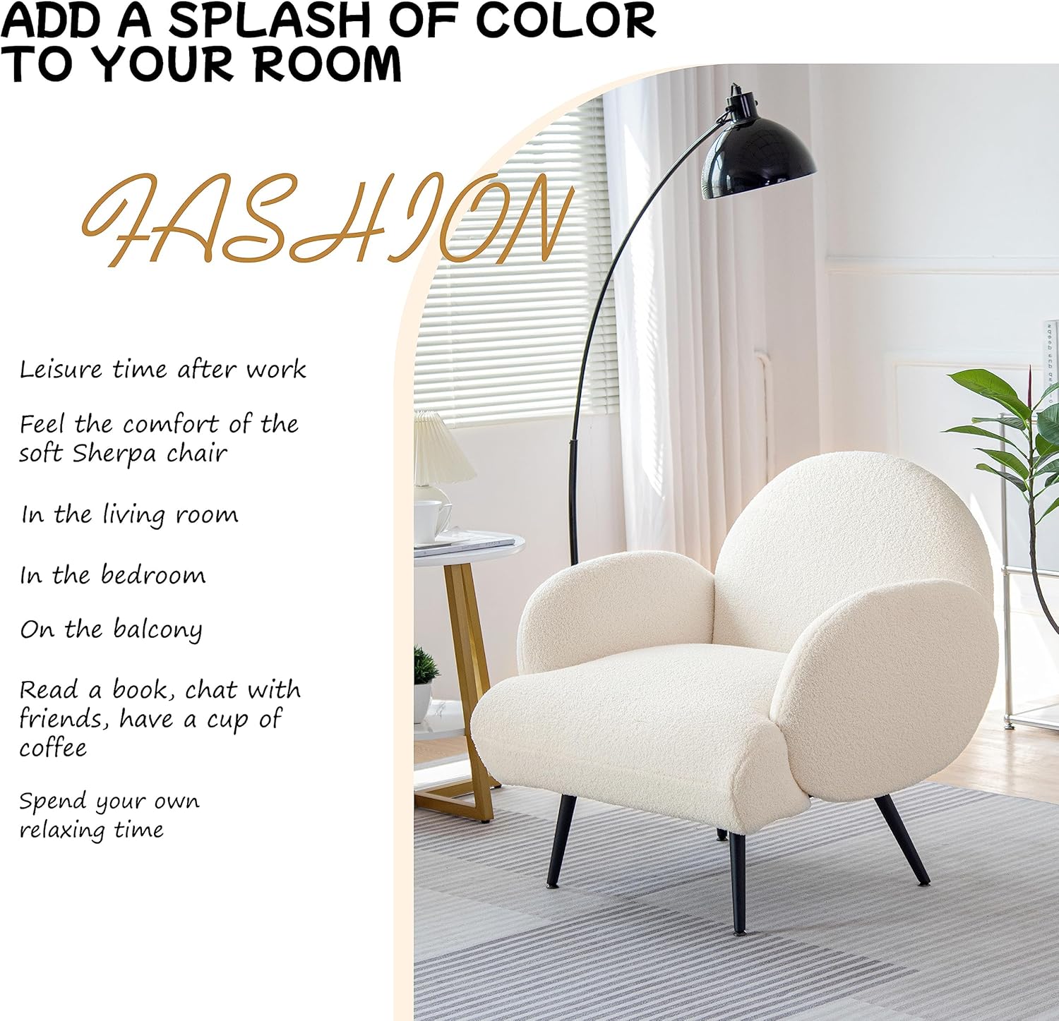 Sessel Moderner Loungesessel Einzel Loungesofa Lounge Sofa Gemütlicher Teddystoff Schwarze Metallbeine Geeignet für Wohnzimmer Schlafzimmer, Weiß