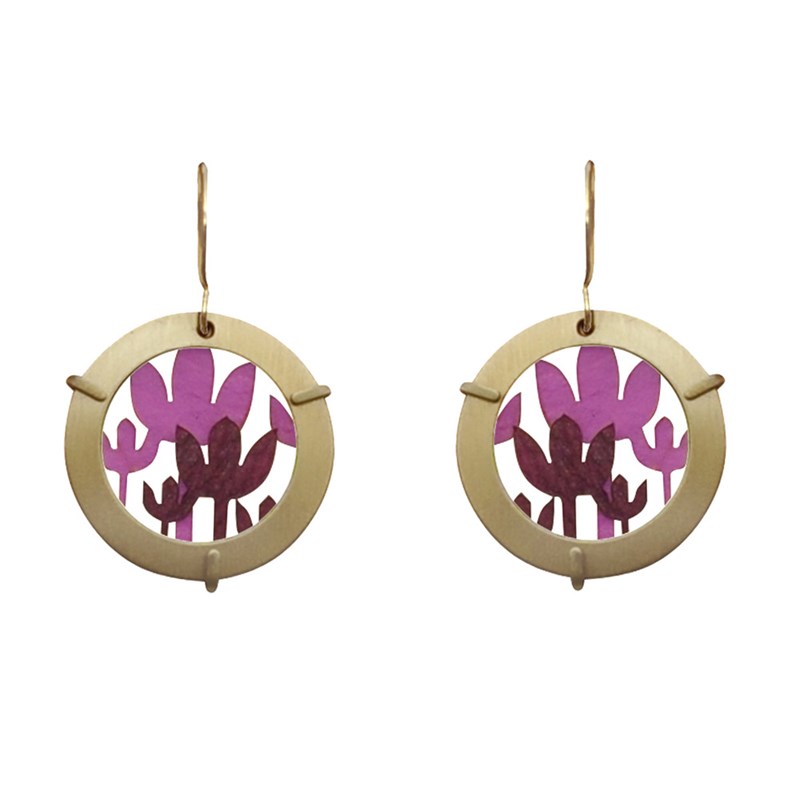 Boucles d'Oreilles Laiton Anneau et Fleurs en Cuir