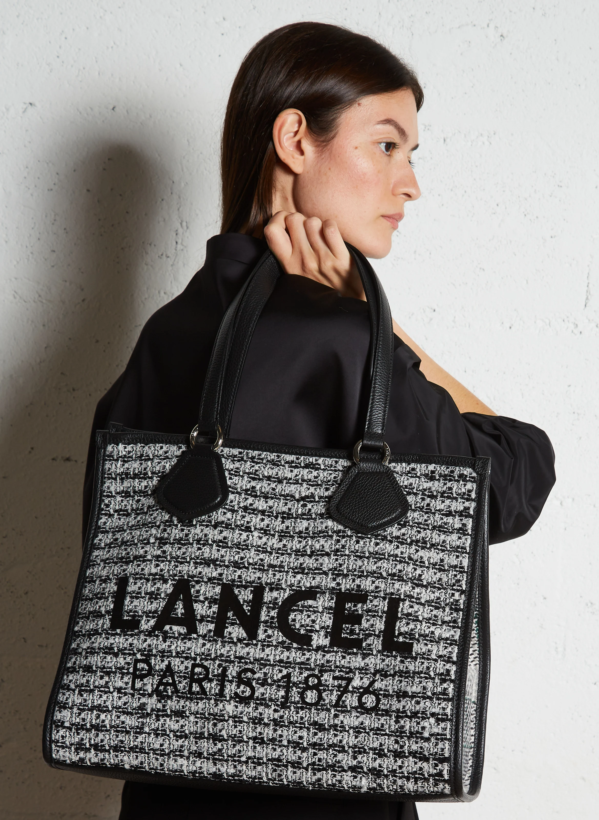 Cabas zippé effet tweed en cuir | Blanc