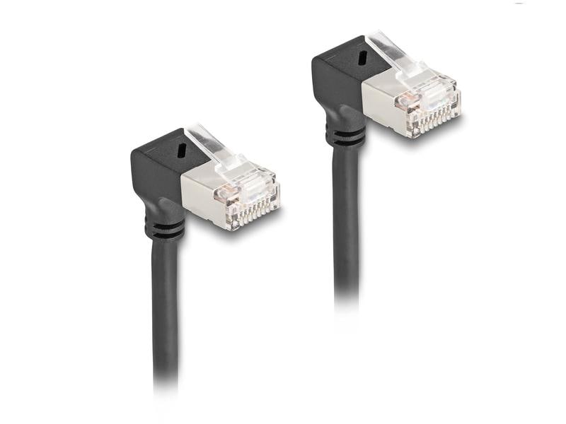 Delock Patchkabel 90° gewinkelt Cat 6A, S/FTP, 1 m, Schwarz Delock RJ45 Netzwerkkabel Cat.6A S/FTP Slim 90° unten / unten gewinkelt 1 m schwarz
