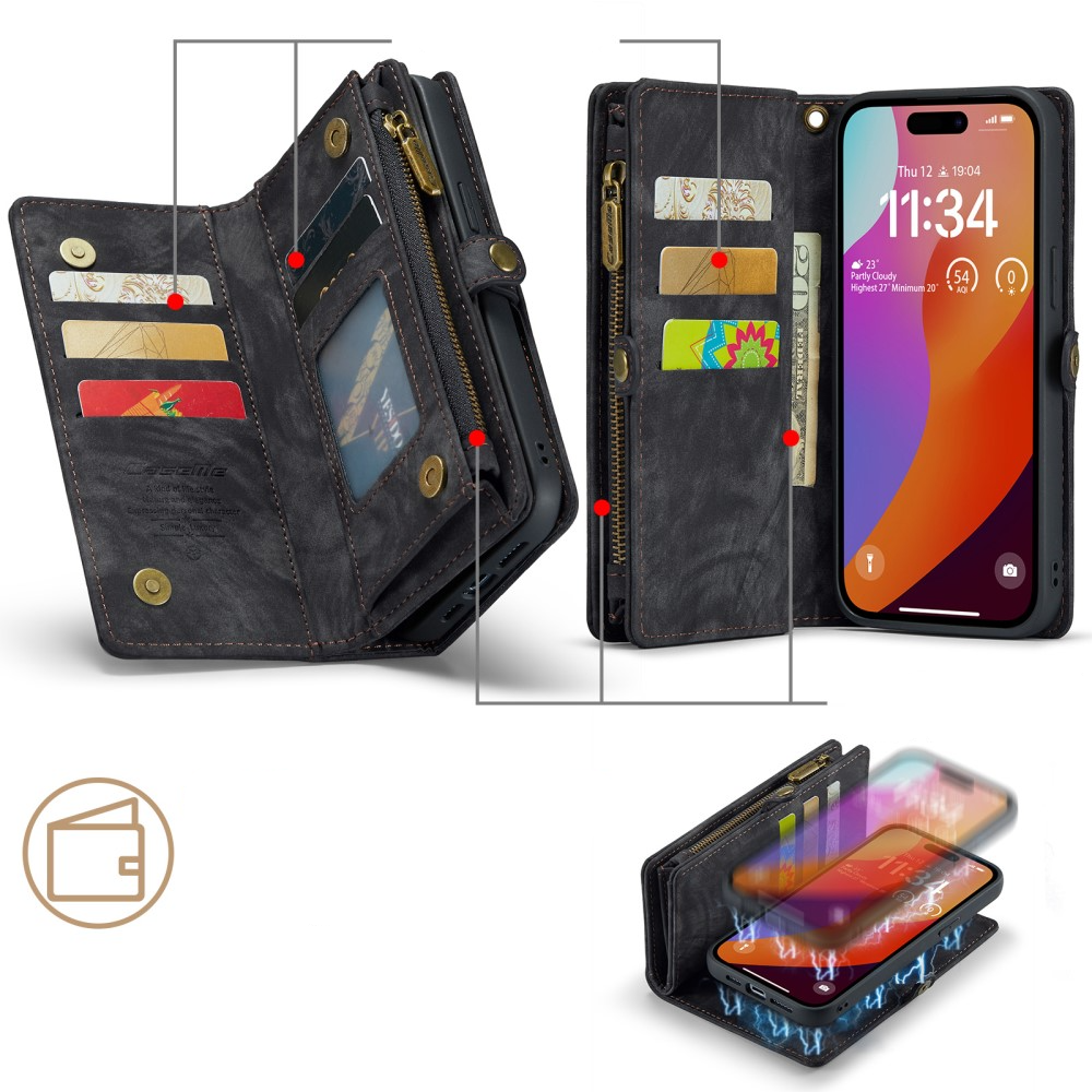 iPhone 16 Pro Max 2in1 Leder Tasche   Magnet Hardcase Karten Etui - Schwarz