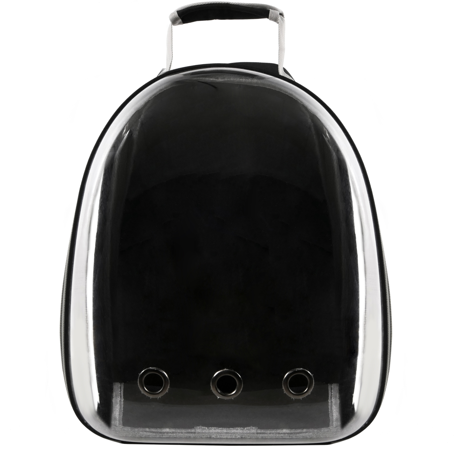 Mochila transportadora para animais de estimação, como gatos, cães ou pássaros. Feita em plástico rígido e tecido.