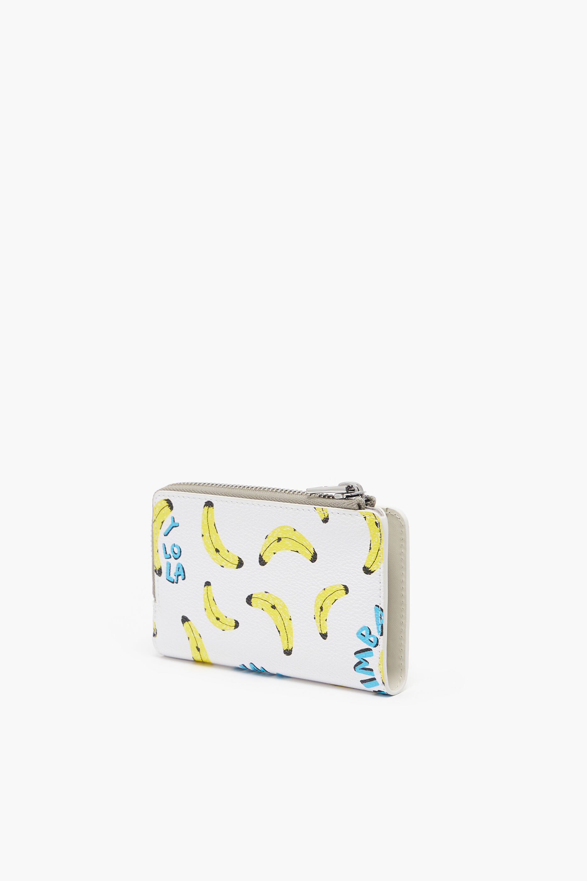 Bolsa retangular branca com textura de estampa de banana.