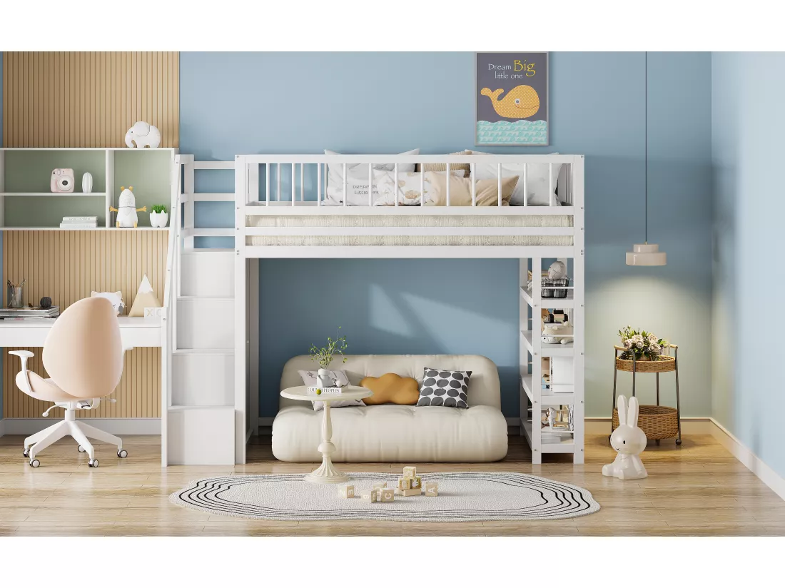 Lit mezzanine 90 x 200 cm - étagères + armoire + espace de rangement - bois massif - blanc